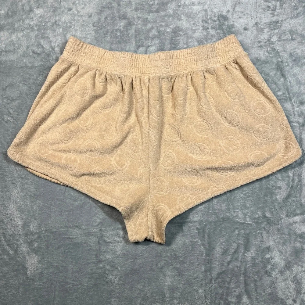 OFFLINE by Aerie Smile Face Shorts Women Tan Terry Cloth Embossed Lounge L
